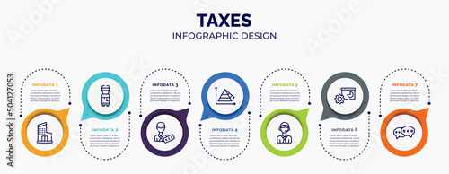 infographic for taxes concept. vector infographic template with icons and 7 option or steps. included department, water dispenser, officer, pyramid chart, online support, facilities, chat bubble for