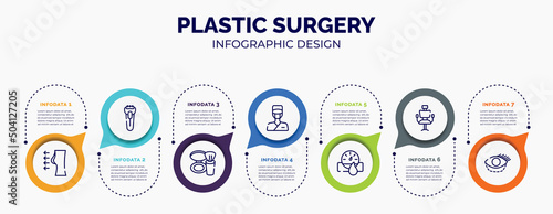 infographic for plastic surgery concept. vector infographic template with icons and 7 option or steps. included breast enlargement, shaver, blush, surgeon, hydrometer, hairdresser chair,