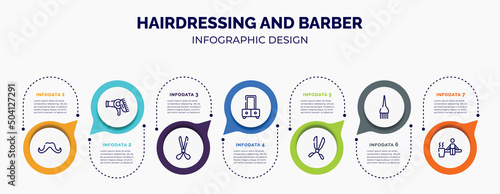 infographic for hairdressing and barber concept. vector infographic template with icons and 7 option or steps. included mustache shape, hairdryer and comb, scissors opened tool, dressing table,