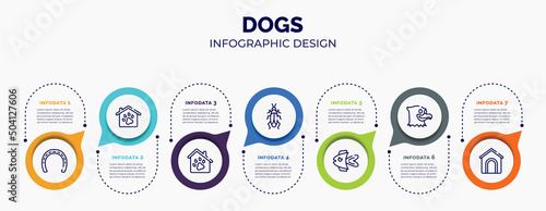 infographic for dogs concept. vector infographic template with icons and 7 option or steps. included null, pet hotel, pet hotel, roach, fish, eagle, dog and pets house for abstract background.