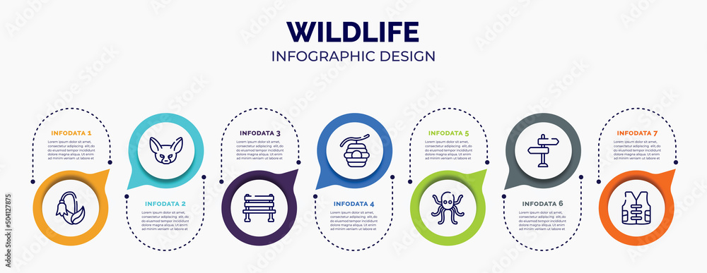 infographic for wildlife concept. vector infographic template with icons and 7 option or steps. included harebell, fennec, bench, beehive, octopus, direction, vest for abstract background. infographic for wildlife concept. vector infographic template with icons and 7 option or steps. included harebell, fennec, bench, beehive, octopus, direction, vest for abstract background.