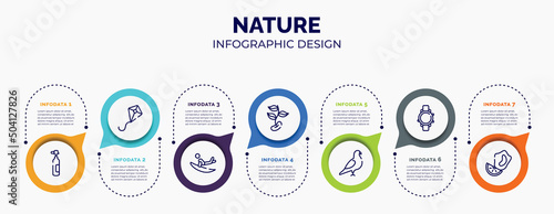 infographic for nature concept. vector infographic template with icons and 7 option or steps. included oxygen tank, kite, surf, beans, pigeon, diving watch, mussel for abstract background.