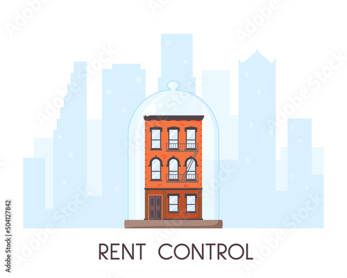 Rent control house concept. Old-fashioned house and city view silhouette. Brick building covered by glass dom. Rent stabilized apartment unit. Well preserved and protected property. Flat vector 