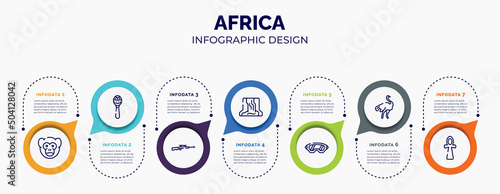 infographic for africa concept. vector infographic template with icons and 7 option or steps. included monkey, maracas, rifle, waterfall, safety glasses, ostrich, ankh for abstract background.