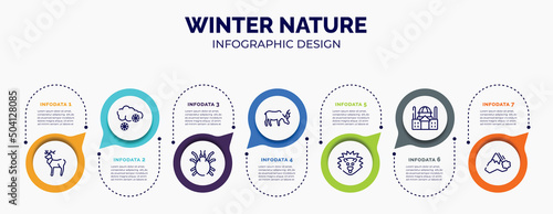 infographic for winter nature concept. vector infographic template with icons and 7 option or steps. included reindeer, snowing, mite, moose, hedgehog, basilica, avalanche for abstract background.