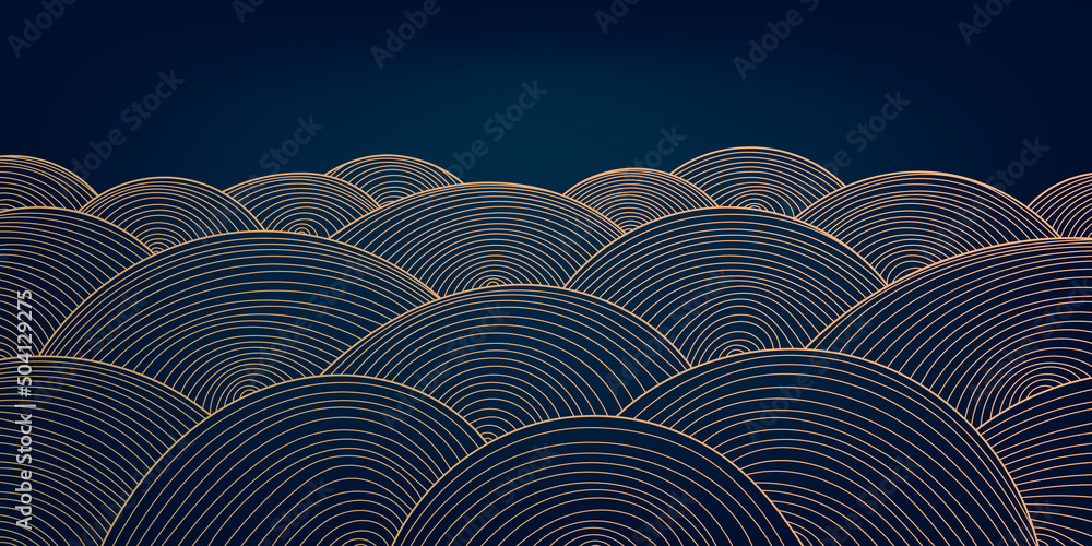Vector abstract golden luxury pattern, lines background. Line arts wallpaper. Wavy art deco texture for print, fabric, packaging design. Sea, ocean, landscape art in japanese style. - obrazy, fototapety, plakaty 