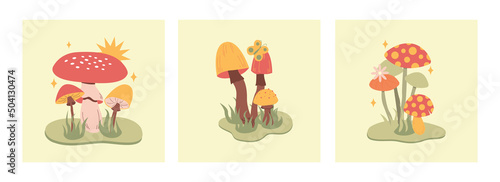Various magic hallucinogenic mushrooms. Fantasy cute elements. Retro cartoon mushrooms on the grass. Abstract modern design. Hippie style. Vector flat illustration on an isolated background.