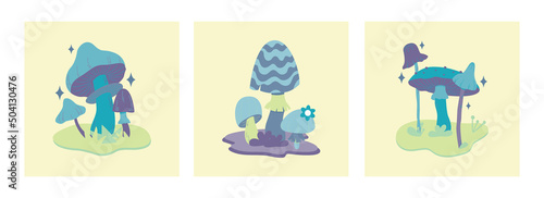 Various magic hallucinogenic mushrooms. Fantasy cute elements. Retro cartoon mushrooms on the grass. Abstract modern design. Hippie style. Vector flat illustration on an isolated background.