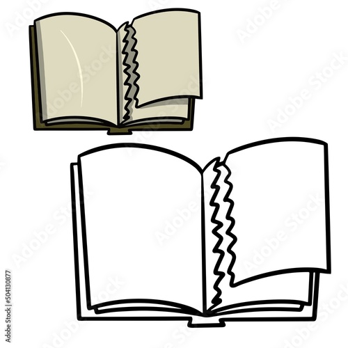 An old open book with a torn page, a cartoon vector illustration on a white background.