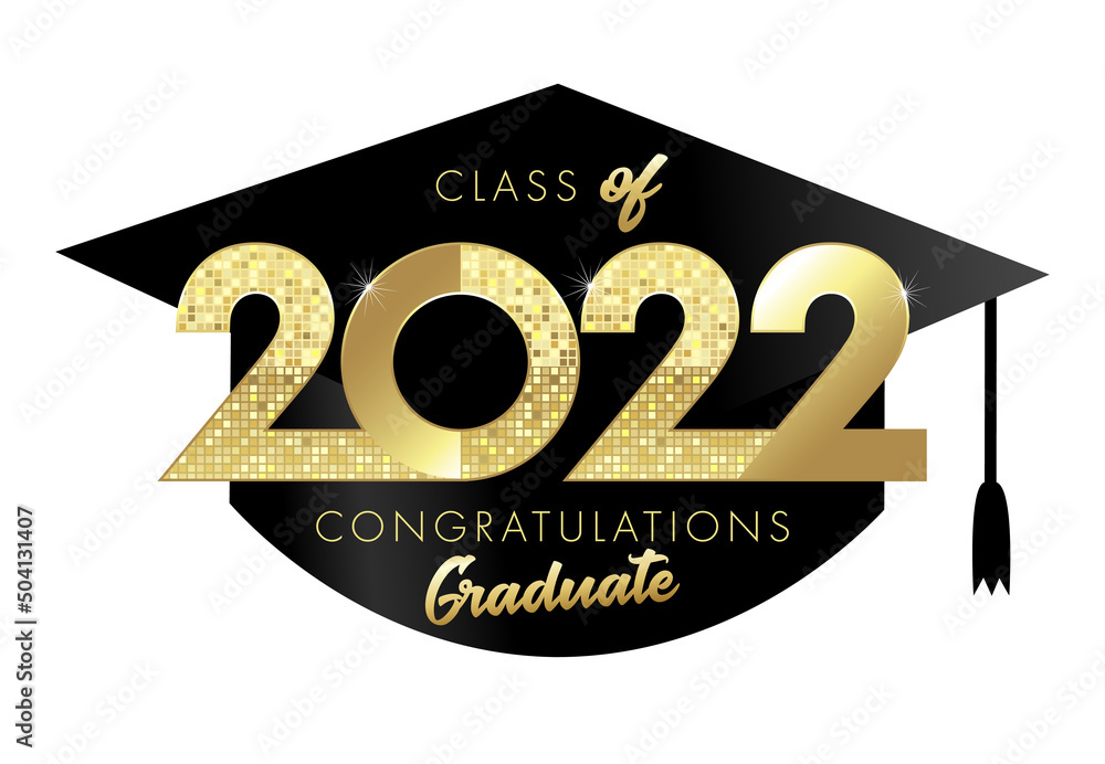 Graduating icon or badge. Class of 2022 year graduation. Class off logo concept, shiny gold lettering. Numbers 20, 22 with square cylinder. Isolated abstract graphic design template. Creative congrats - obrazy, fototapety, plakaty 