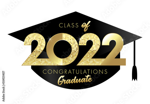 Graduating icon or badge. Class of 2022 year graduation. Class off logo concept, shiny gold lettering. Numbers 20, 22 with square cylinder. Isolated abstract graphic design template. Creative congrats