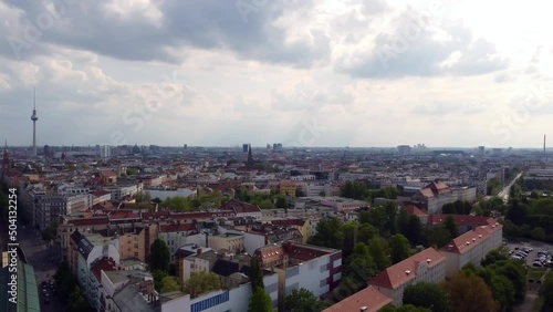 Wallpaper Mural Overview panorama TV Tower, Mauerpark and Jahn Sportpark. Beautiful aerial view flight panorama curve drone footage of Berlin Prenzlauer Berg Schönauer Allee Spring 2022 Cinematic by Philipp Marnitz Torontodigital.ca