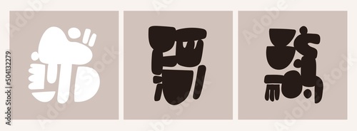 Set of three abstract Posters. Square backgrounds, patterns. Hand drawn various shapes. Contemporary modern art. Trendy Vector illustrations. Every poster is isolated