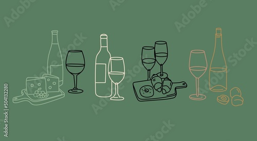 Bottles and glasses of sweet and dry Wine. Wine, wooden plates with cheese, fruits, croissant. Traditional wine snacks. Hand drawn colored outline Vector illustration. All elements are isolated