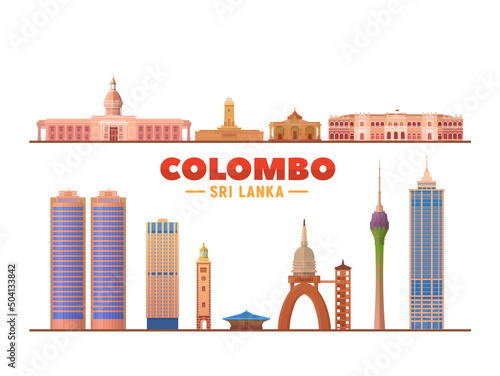 Colombo (Sri Lanka) landmarks in white background. Vector Illustration. Colombo lighthouse, Gold temple, famous churches and mosque.