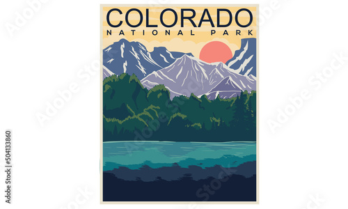 Colorado mountain vector print design. Wild lake artwork for posters, stickers, background and others. Outdoor national park vibes illustration.