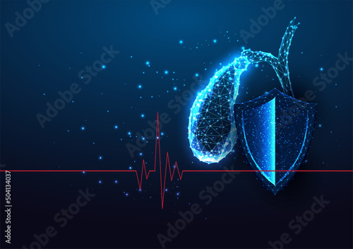 Futuristic gallbladder protection, health care concept with glowing gallbladder and shield 