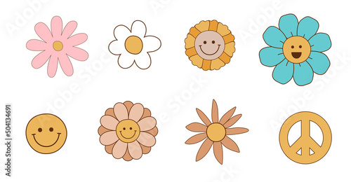 Groovy flowers set. Retro 70s smiling face flowers graphic elements isolated collection. Hippie, peace, flower power simple linear style Groovy decorative vector illustration. Retro vintage flowers.