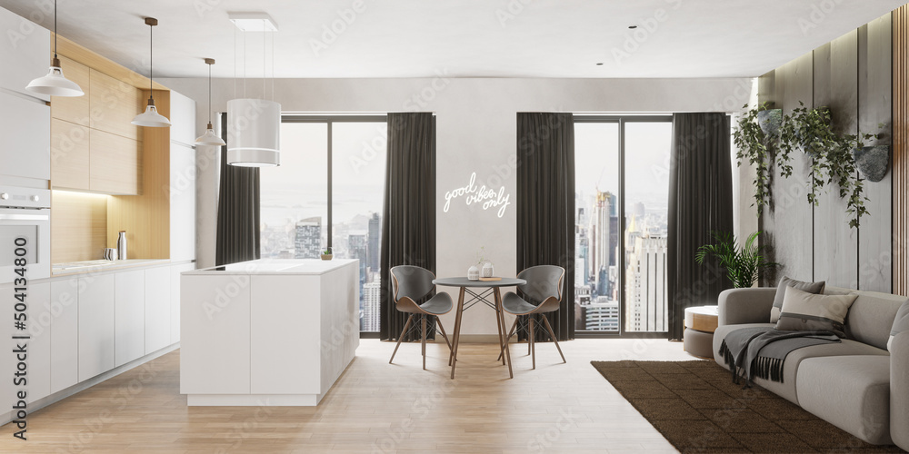 Panorama shot of a modern living room/kitchen. 3d render. Panorama shot of a modern living room/kitchen. 3d render.