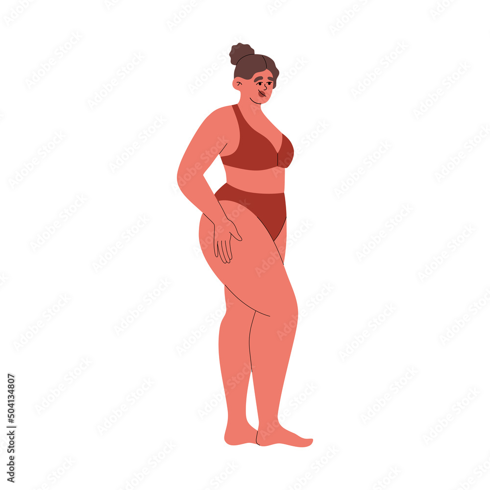 Naklejka premium Concept of plus size models, body positivity. Plump girl posing in swimwear. Hand drawn vector illustration isolated on white background. Modern flat cartoon style.