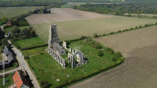 Panorama of St Andrews Church and fields of Covehithe in Suffolk, UK. Drone aerial view from above photo