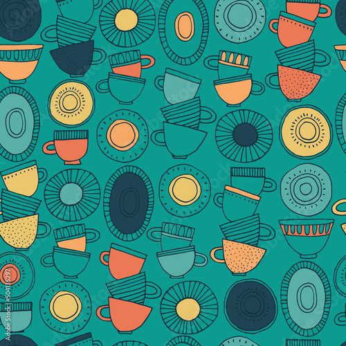 Seamless pattern. Hand drawn cups, plates and saucers decorated with patterns in Scandinavian style. Hot drinks, Pottery, holidays concept. For wrapping paper, other design projects