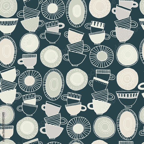 Seamless pattern. Hand drawn cups, plates and saucers decorated with patterns in Scandinavian style. Hot drinks, Pottery, holidays concept. For wrapping paper, other design projects
