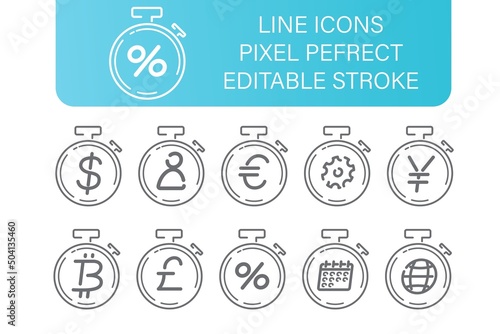 Stopwatch tine line icons set, with diferend little financial and business icons, editable stroke. pixel perfect photo