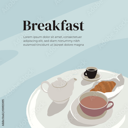 French style breakfast vector illustration. Drink cup of coffee and eat croissant. Espresso, teapot herbal or floral tea on table. Morning food in street cafe. Text banner, art poster, design template
