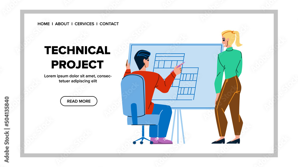 Technical Project Developing Colleagues Vector. Technical Project Develop Architect Workers Couple Together. Characters Man And Woman Create Construction Web Flat Cartoon Illustration Technical Project Developing Colleagues Vector. Technical Project Develop Architect Workers Couple Together. Characters Man And Woman Create Construction Web Flat Cartoon Illustration