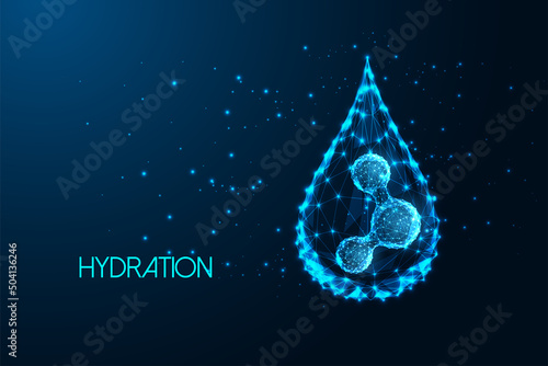 Futuristic hydration, cosmetics innovative formula concept with glowing droplet and water molecule