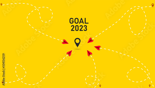 Red planes are going to 2023 goal.Airplane flying from point A to point B. Forward, innovation, startup, business, growth, travel, freedom concepts.