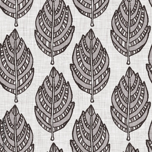 French grey botanical leaf linen seamless pattern with 2 tone country cottage style motif. Simple vintage rustic fabric textile effect. Primitive modern shabby chic kitchen cloth design.