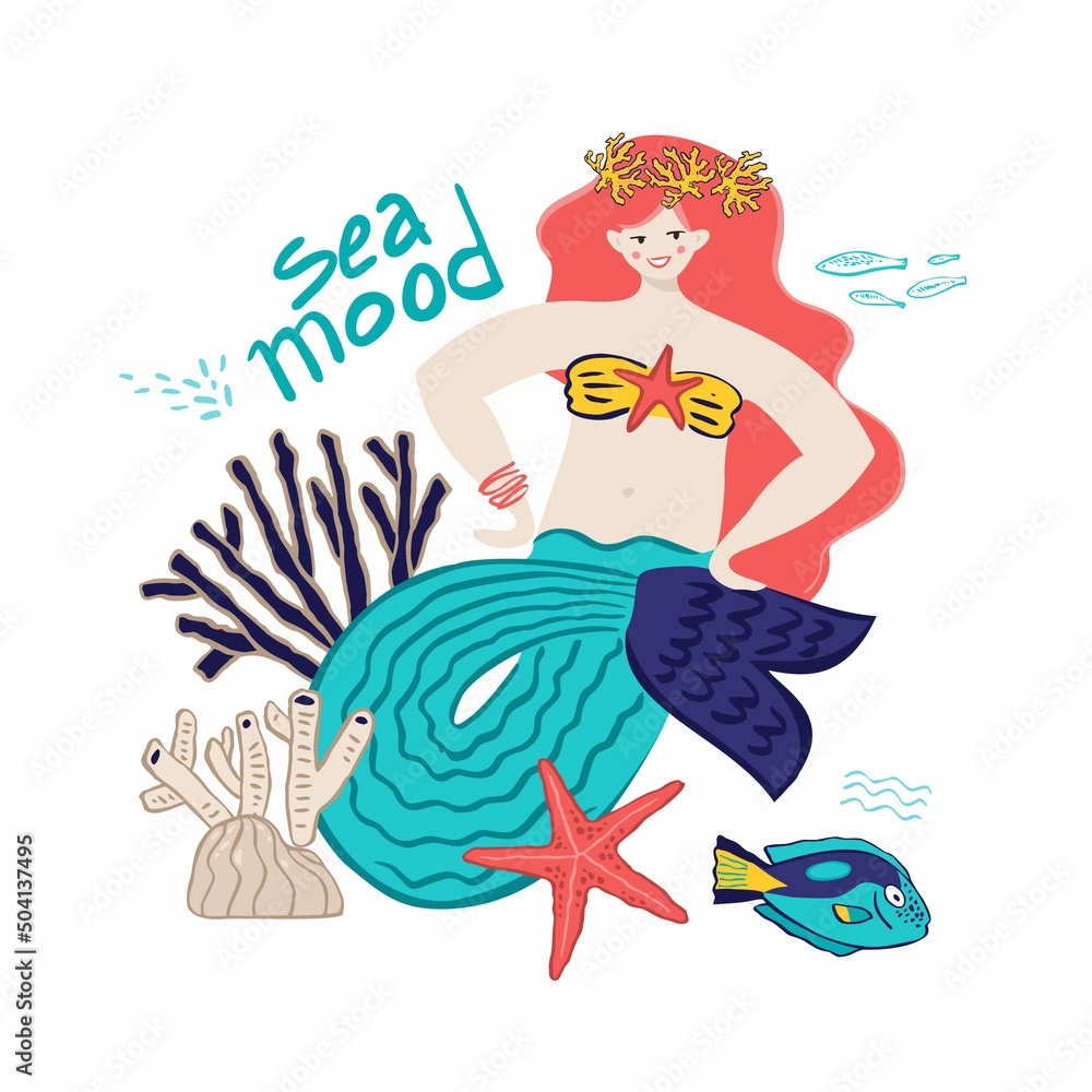 Fototapeta premium Cheerful mermaid with corals, starfish, lettering sea mood isolated on white. Banner concept about sea tales, a magical underwater world for postcards, posters, parties. Cartoon vector illustration