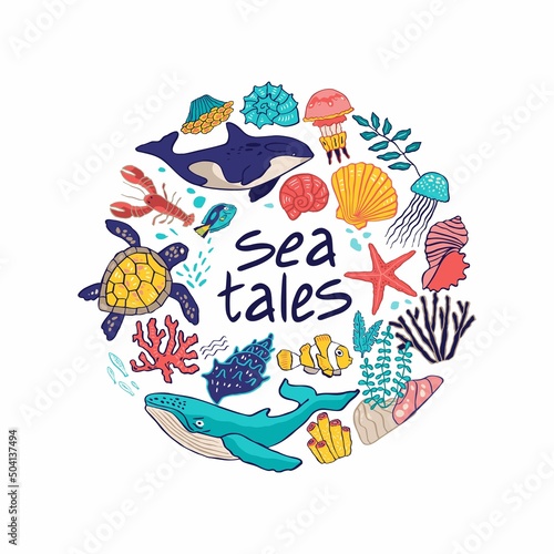 Decorative colored dolphin, fish, corals, shells in the shape of a circle isolated on white. Round composition with marine and oceanic inhabitants and lettering tales of the sea. Vector illustration