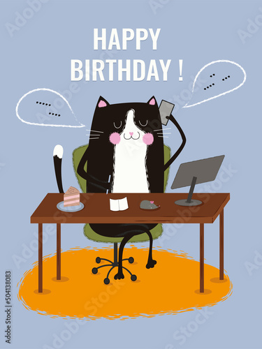 Cute Happy birthday card. Hand Drawn card for birthday, anniversary, party invitations. Vector illustration. Succesful cat postcard.