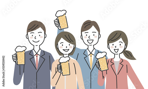 ビアジョッキを持ったスーツを着た男女4人