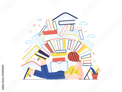 Technology Memphis - ebooks -modern flat vector concept digital illustration of a woman reading an electronic book containing a stack of printed books, metaphor. Creative landing web page illustration