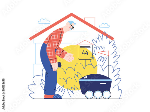 Technology Memphis - autonomous delivery -modern flat vector concept digital illustration of an elderly man inviting a last mile robot delivery truck. Creative landing web page illustration
