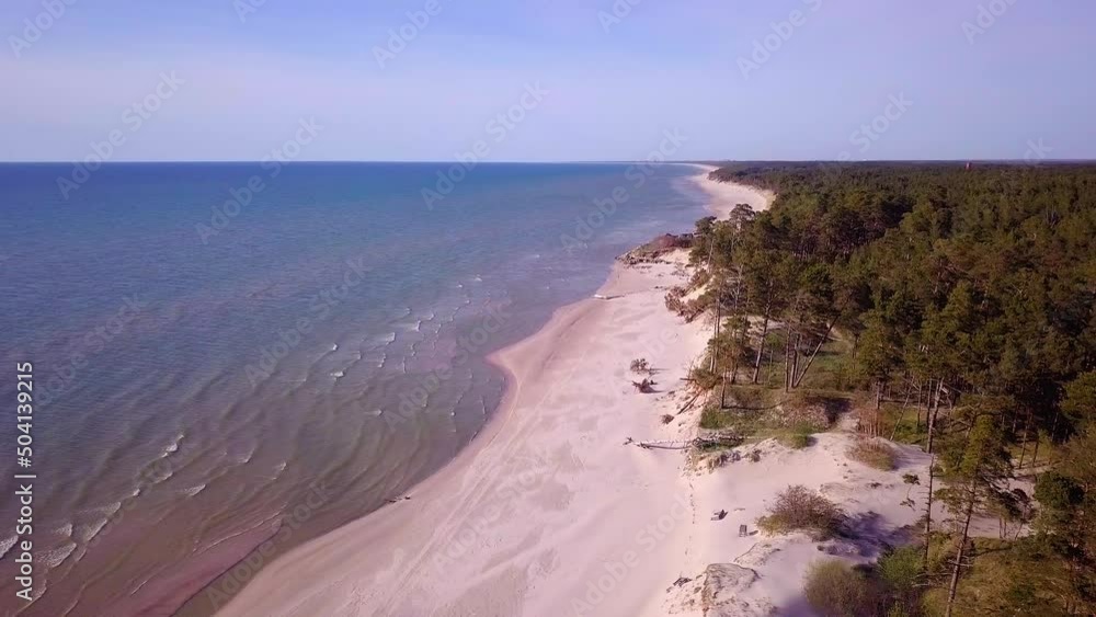 Aerial panoramic view of Baltic sea coast on a sunny day, steep seashore dunes damaged by waves, broken pine trees, coastal erosion, climate changes, wide angle drone shot moving right Aerial panoramic view of Baltic sea coast on a sunny day, steep seashore dunes damaged by waves, broken pine trees, coastal erosion, climate changes, wide angle drone shot moving right