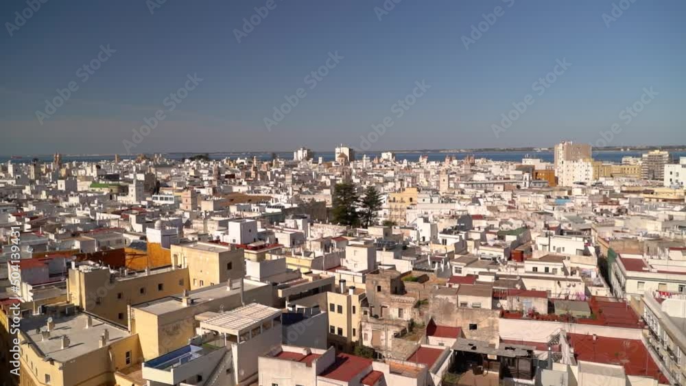 Slow motion panorama pan high above Cadiz City in Spain Slow motion panorama pan high above Cadiz City in Spain