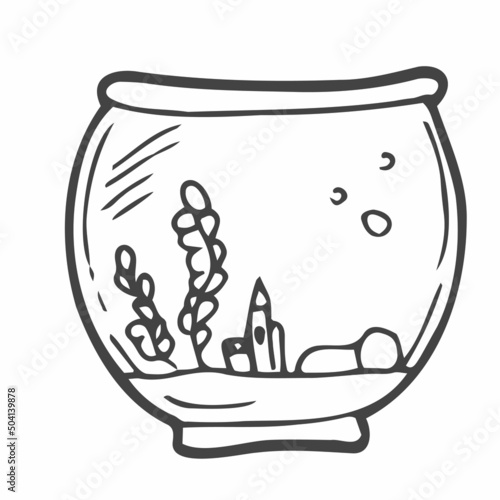 Doodle aquarium for pet goldfish. Vector illustration . Doodle style. Aquarium with algae. Vector sketch
