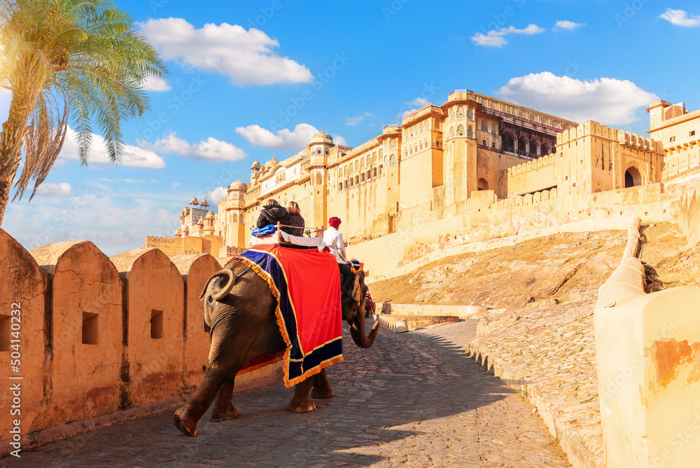 Riding an elephant in Amber Fort, Jaipur, India