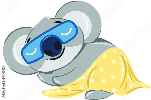 Sleepy koala bear sleeping peacefully while wearing an eye mask and a blanket.