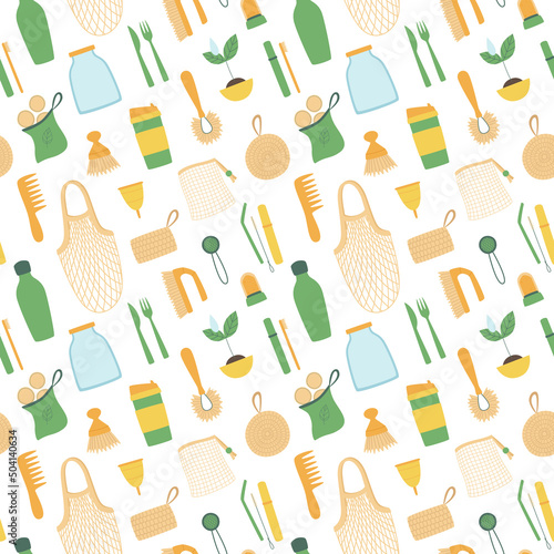 Vector seamless pattern with eco concept. Zero waste lifestyle vector illustrations. Eco style housekeeping. Illustration of ecology saving objects.