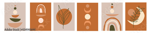 Collection of modern simple abstractions with silhouettes (sketch) of plant leaves, moon, sun and geometric shapes on a colored background