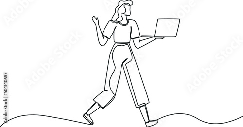 Continuous one line drawing a career woman standing and hold with laptop. Single line draw design vector graphic illustration.
