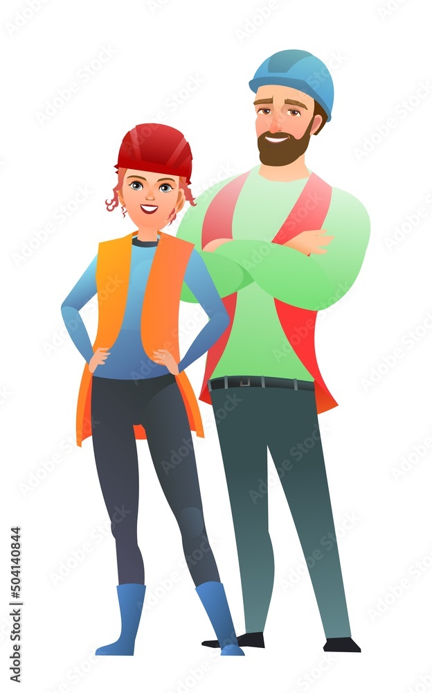 Man and woman builder in vest and protective helmet. Guy worker. Cheerful person. Standing pose. Cartoon comic style flat design. Single character. Illustration isolated white background. Vector Man and woman builder in vest and protective helmet. Guy worker. Cheerful person. Standing pose. Cartoon comic style flat design. Single character. Illustration isolated white background. Vector
