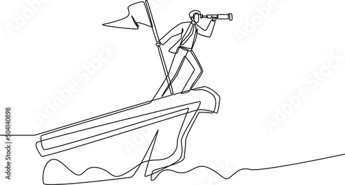 Continuous one line drawing a business man standing with binoculars and a flag on the tip of a boat looking at a good business opportunity. Single line draw design vector graphic illustration.