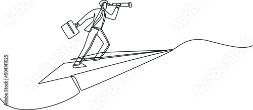 Continuous one line drawing a young smart businessman flying and analyzing business situation. Single line draw design vector graphic illustration.
